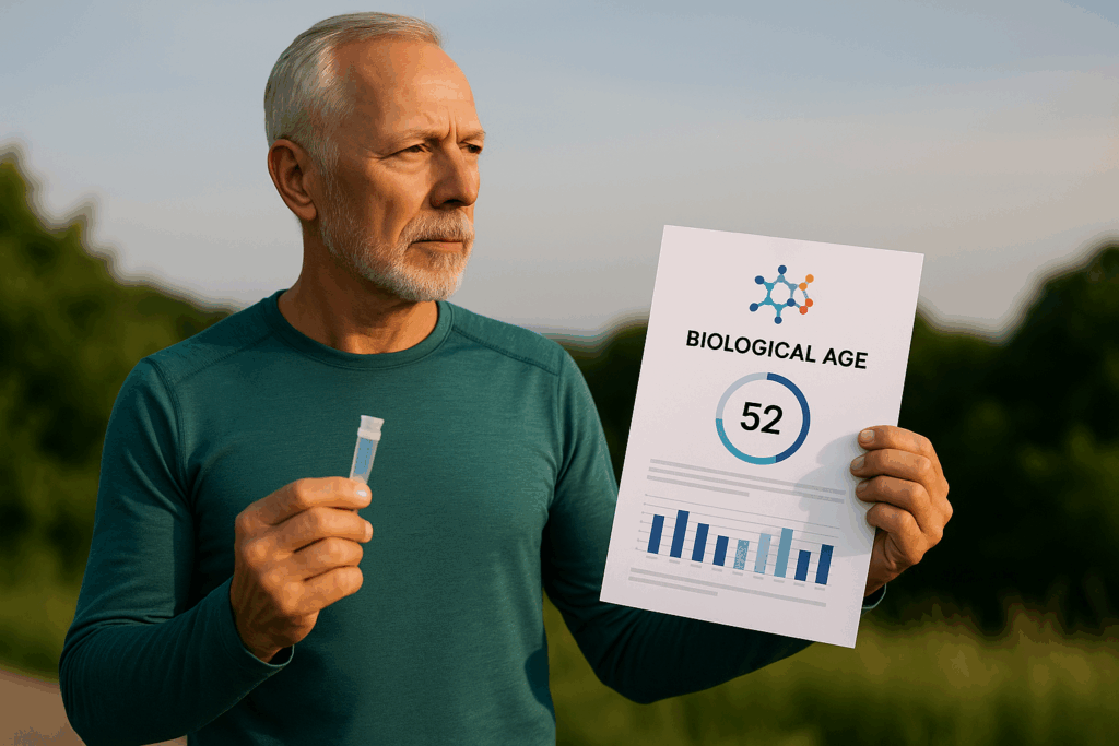Ein sportlicher Mann mittleren Alters steht im Freien und hält ein Blatt mit der Aufschrift „Biological Age“ bzw. Biologisches Alter sowie ein Test­röhrchen in der Hand. Er blickt nachdenklich in die Ferne, das warme Sonnenlicht betont seine vitale Ausstrahlung. Im Hintergrund sind Bäume und ein klarer Himmel zu sehen – Symbol für Natur, Gesundheit und Langlebigkeit. Das Bild vermittelt Selbstverantwortung, moderne Diagnostik und den Wunsch, den eigenen Alterungsprozess bewusst zu verstehen und zu optimieren.