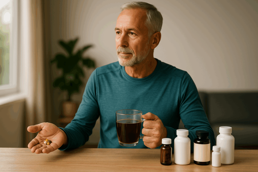 Ein sportlicher Mann mittleren Alters sitzt morgens an einem hellen Holztisch. In der einen Hand hält er eine Tasse schwarzen Kaffees, in der anderen mehrere Kapseln und Tabletten. Vor ihm stehen verschiedene Supplementdosen in schlichten, weißen und braunen Behältern. Durch das Fenster fällt warmes Tageslicht in den Raum, eine grüne Pflanze sorgt für natürliche Atmosphäre. Das Bild vermittelt Ruhe, Gesundheit und Achtsamkeit – ein moderner Biohacker-Moment zwischen Routine, Fokus und Langlebigkeit.