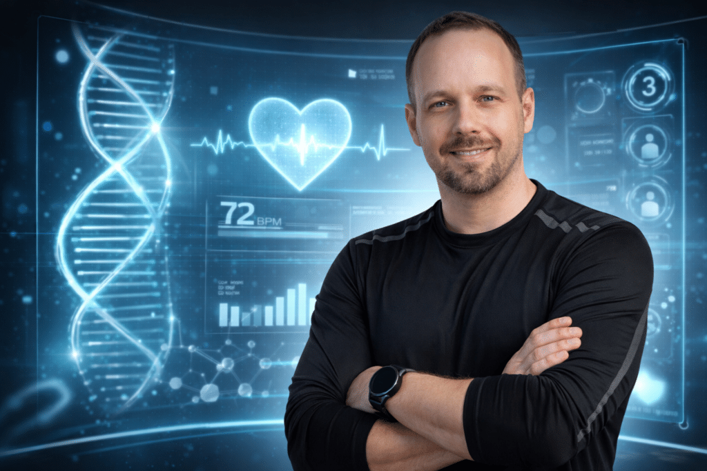 Fehler in der Longevity-Strategie, Markus Behmer, Longevity Coach, vor futuristischem Gesundheits-Dashboard mit Herzfrequenz, DNA-Symbolen und Longevity-Daten im Hintergrund.