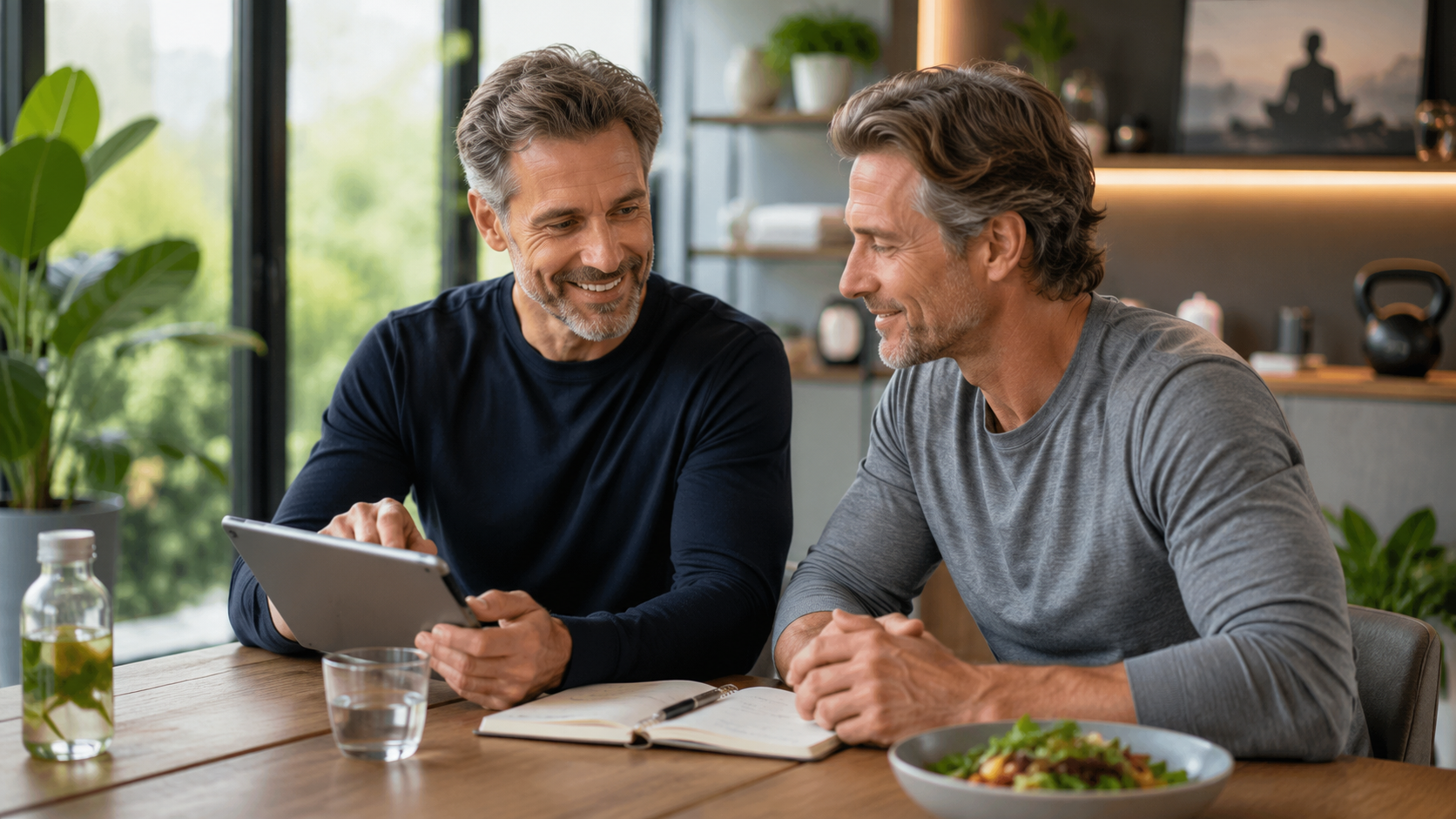 Zwei Männer mittleren Alters besprechen in einem modernen, hellen Raum ein individuelles Longevity Coaching mit Tablet, Notizbuch, Wasser und gesunder Mahlzeit.
