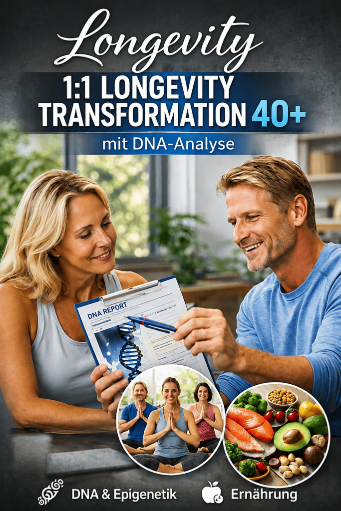 1:1 Longevity Transformation 40+ mit DNA-Analyse: Individuelles Premium-Mentoring für Menschen ab 40 zur Optimierung von Gesundheit, Ernährung, DNA & Epigenetik, Regeneration und langfristiger Leistungsfähigkeit.