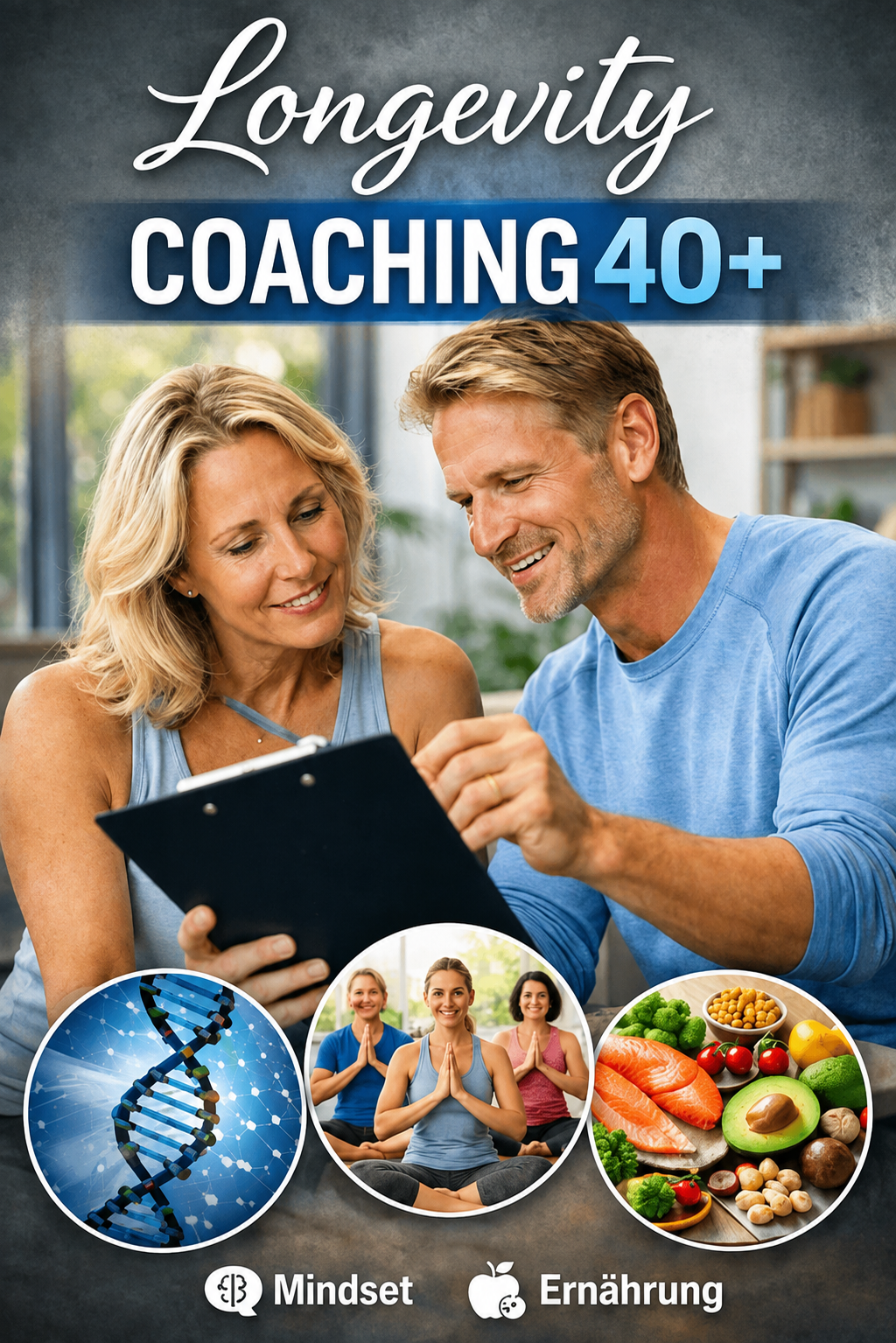 Longevity Coaching 40+: Ein Paar analysiert gemeinsam einen Gesundheitsplan. Das Bild symbolisiert individuelles Coaching für Menschen ab 40 mit den Schwerpunkten Mindset, Ernährung, Biohacking und wissenschaftlich fundierter Longevity.