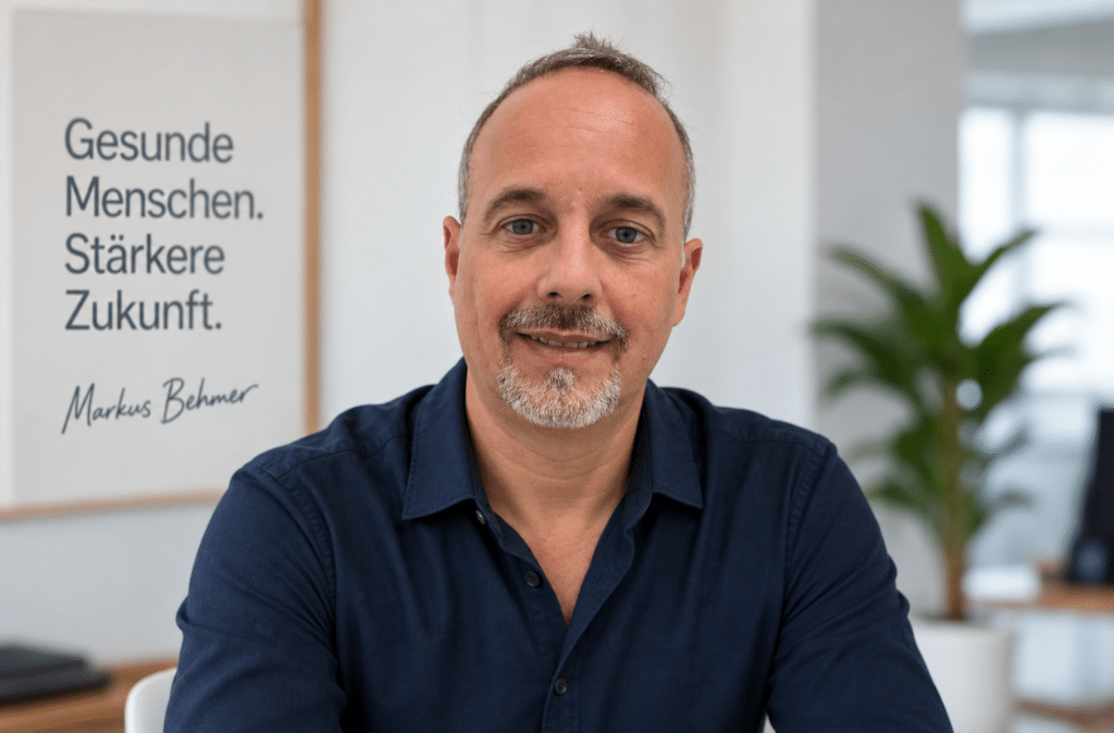 Longevity Coach Markus Behmer in einem modernen Büro mit dem Leitsatz „Gesunde Menschen. Stärkere Zukunft.