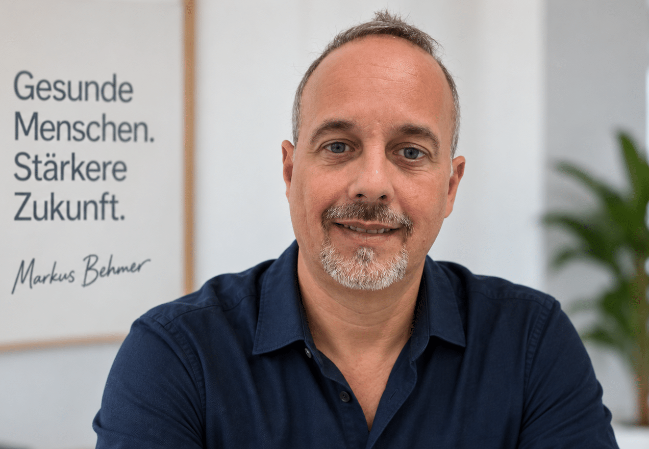Longevity Coach Markus Behmer in einem modernen Büro mit dem Leitsatz „Gesunde Menschen. Stärkere Zukunft.